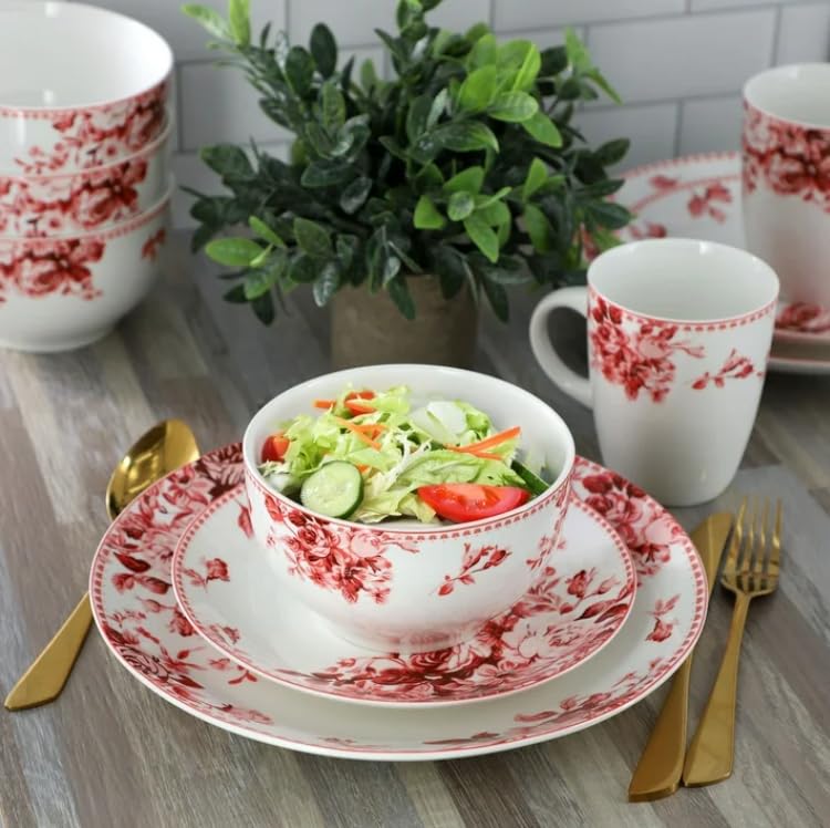 Traditional Rose 16-Piece Stoneware Dinnerware Set – Elegant Floral Design for 4 – Dishwasher & Microwave Safe – Ideal for Special Occasions & Everyday Meals