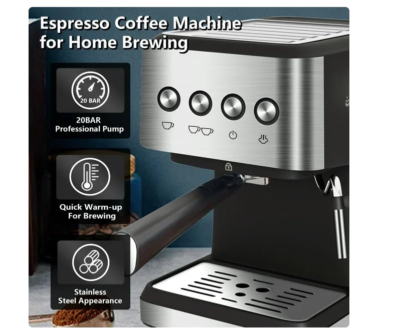Generic Espresso Machine 20 Bar, 1.5L Water Tank Milk Frother Steam, Stainless Steel Coffee Maker, Silver