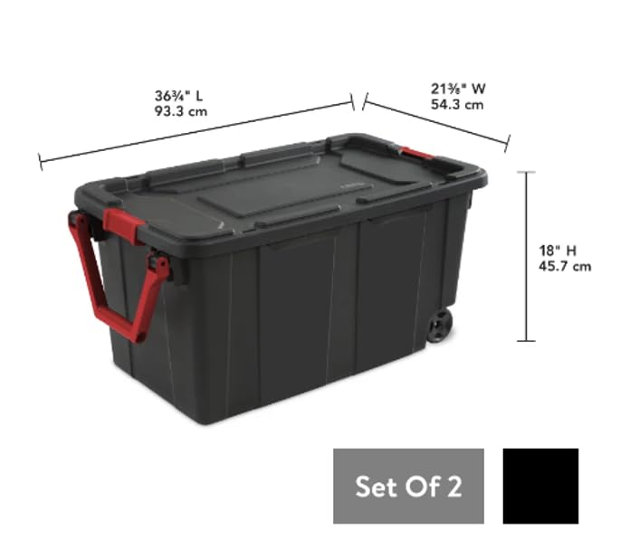 2PCS 40 Gallon Industrial Tote Plastic Storage Bins Wheeled Large Storage Box Set, Black