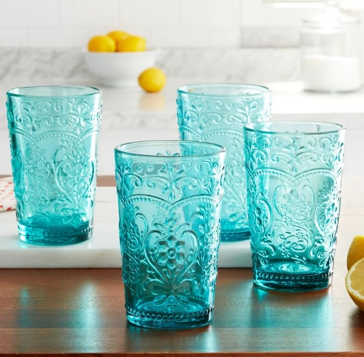 Pioneer Woman Amelia Teal Glass Tumblers Set of 4