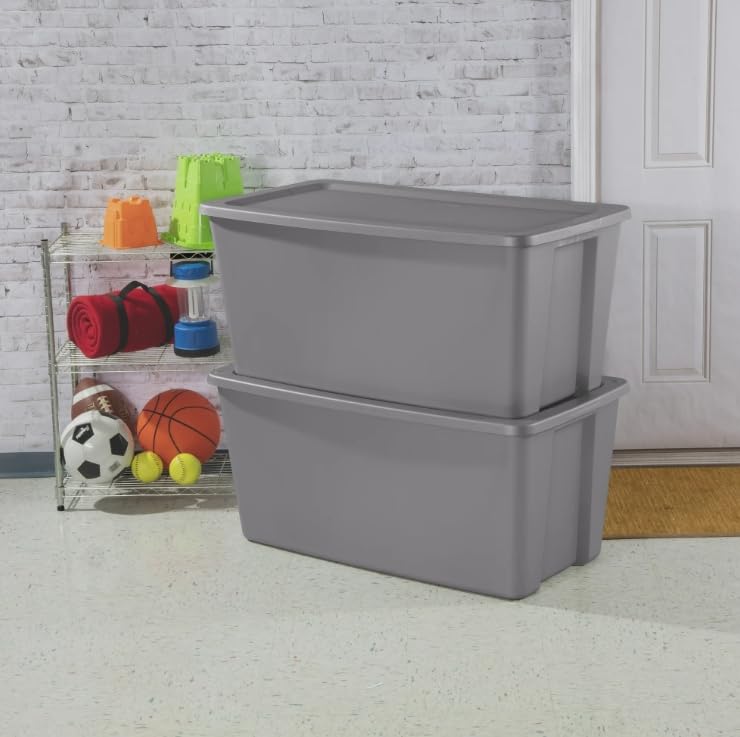 50 Gallon Tote, Plastic Storage Bin with Snap-on Lid, Gray