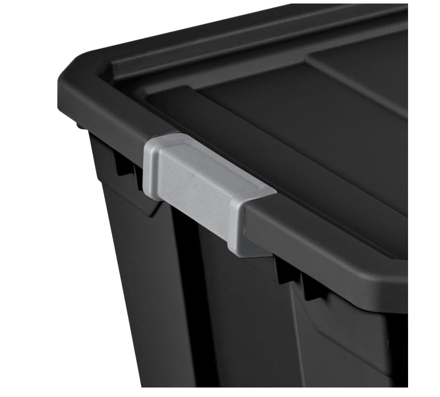 50-Gallon Large Stackable Rugged Industrial Storage Tote Container with Gray Latching Clip Lid for Garage, Worksite, or Camping