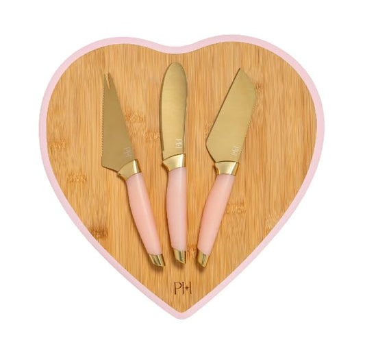 Generic Paris 4-Piece Cheese Board Set with Large Heart-Shaped, Reversible Bamboo Cutting Board, Pink