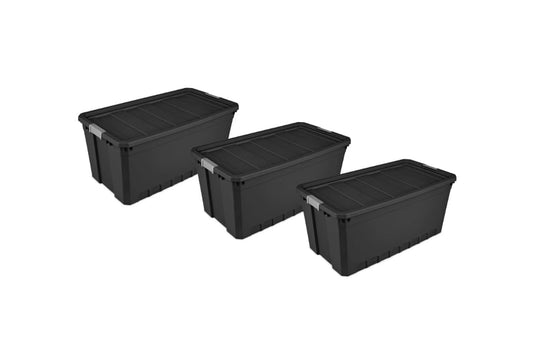 50 Gallon Stacker Tote Plastic, Black, Set of 3 Storage Boxes