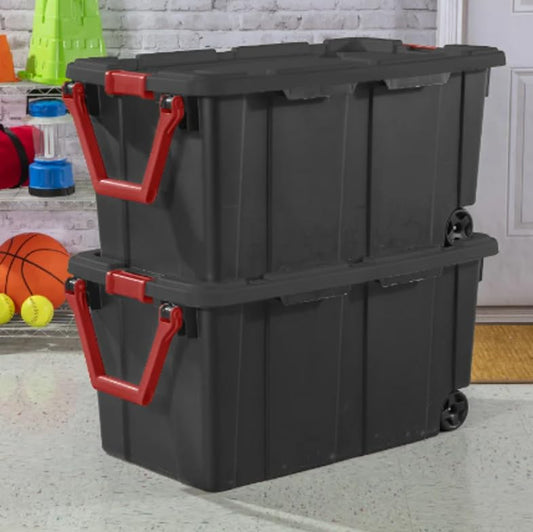 2PCS 40 Gallon Industrial Tote Plastic Storage Bins Wheeled Large Storage Box Set, Black