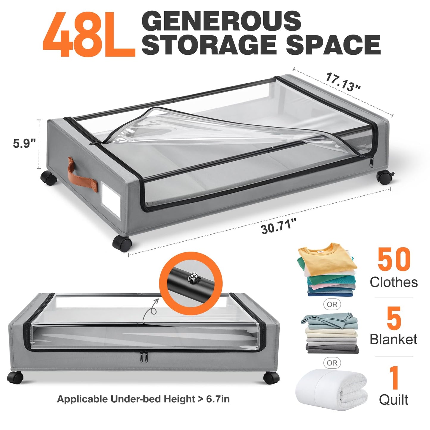 2 Pack Rolling Under Bed Storage Containers Bin with Wheels, Gray