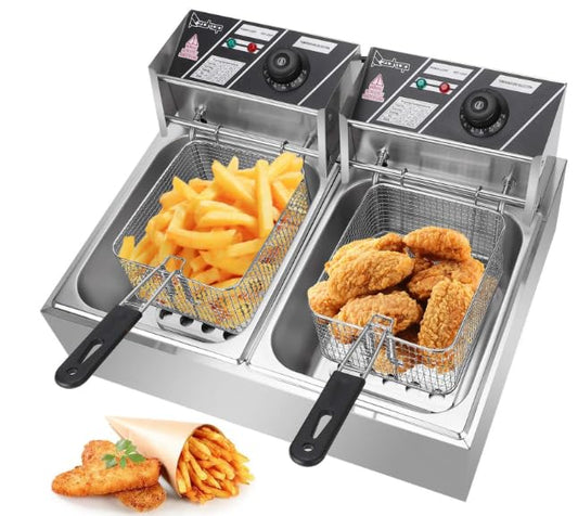 Generic Countertop Electric Deep Fryer, 12L 5000W Commercial Professional Kitchen Stainless Steel Dual Tank Frying Machine for Restaurant, Silver