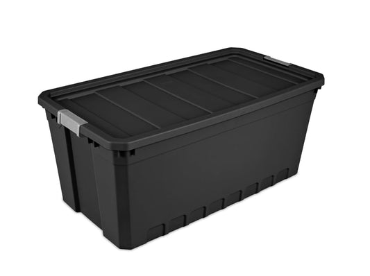 50-Gallon Large Stackable Rugged Industrial Storage Tote Container with Gray Latching Clip Lid for Garage, Worksite, or Camping