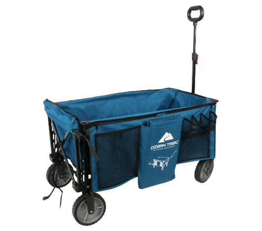 Outdoor Trail Quad Folding Camp Wagon with Tailgate, Utility Cart, Sporting Wagon Blue