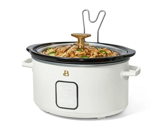 Beautiful 4Qt Slow Cooker with Touch-Activated Display, 4 Cooking Presets, Dishwasher-Safe Pot, Tempered Glass Lid, Cool-Touch Handles, Non-Skid Feet, White Icing Finish, Perfect for Family Meals