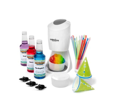 Generic Snow Cone Maker Shaved Ice Machine Party Package with 3 Syrups and Supplies, 8 lbs, White