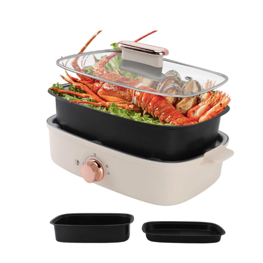Beautiful 3 in 1 Multicooking Electric Pot Indoor Grill Slow Cooker Frying Pan Perfect For Healthy Cooking - Rose Gold