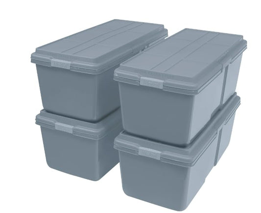 Durable 28.3 Gallon Plastic Tote - Set of 4 - Rugged Storage Containers with Click Latches for Secure Closure, Ribbed Lid for Durability, Ideal for Garage, Basement, Attic, and Sports Equipment