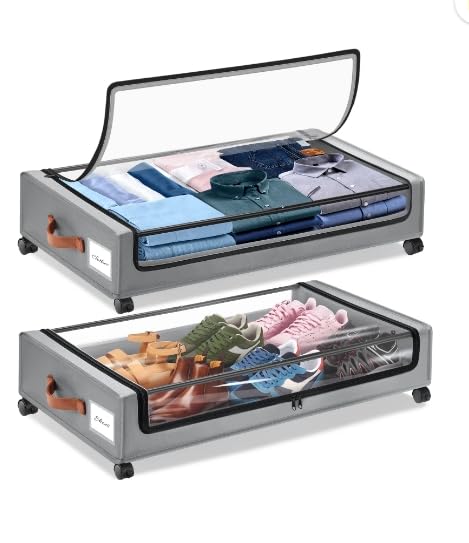 2 Pack Rolling Under Bed Storage Containers Bin with Wheels, Gray
