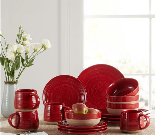 Generic Artisanal Clay Stoneware 16-Piece Dining Set, Red