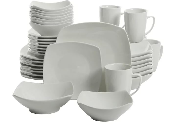 Generic Everyday Home Square White Ceramic Expanded 40-Piece Dinnerware Set