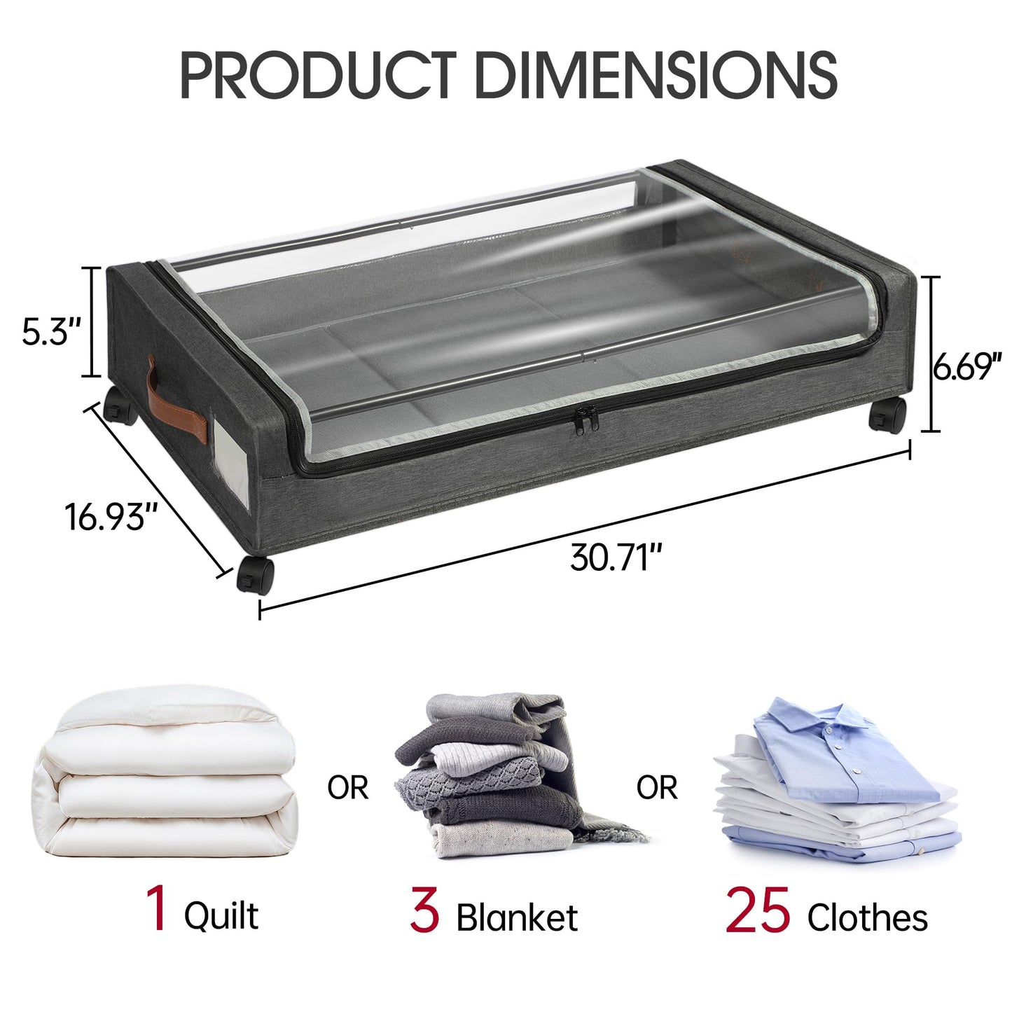 2 Pack Rolling Under Bed Storage Containers Bin with Wheels, Gray