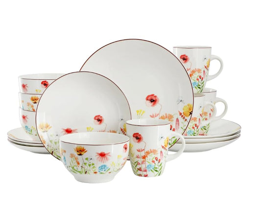 Wild Flower Meadow16-Piece Stoneware Dinnerware Set – Elegant Floral Design for 4 – Dishwasher & Microwave Safe – Ideal for Special Occasions & Everyday Meals