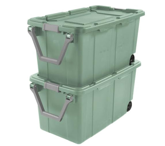 2PCS 40 Gallon Industrial Tote Plastic Storage Bins Wheeled Large Storage Box Set Green