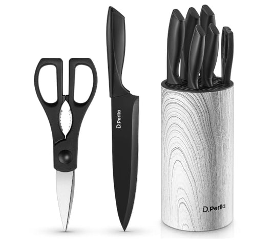 Black And White Knife Set 7 Pieces, Lightweight Black Coating Cutlery Knife Set with Soft Handle Scissors and Round Knife Block