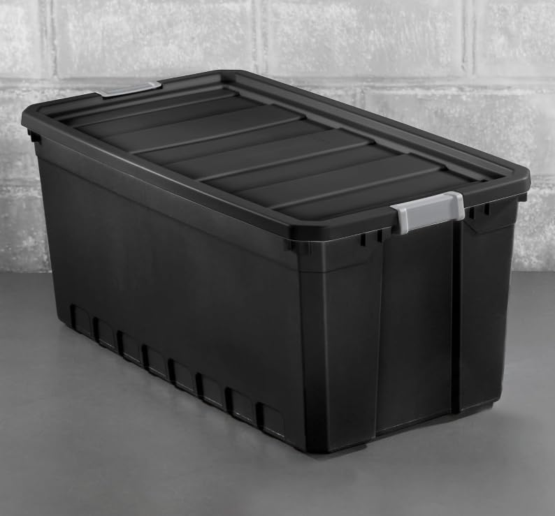 50 Gallon Stacker Tote, Durable Plastic Bin with Latch Lid, Black