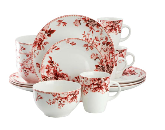 Traditional Rose 16-Piece Stoneware Dinnerware Set – Elegant Floral Design for 4 – Dishwasher & Microwave Safe – Ideal for Special Occasions & Everyday Meals